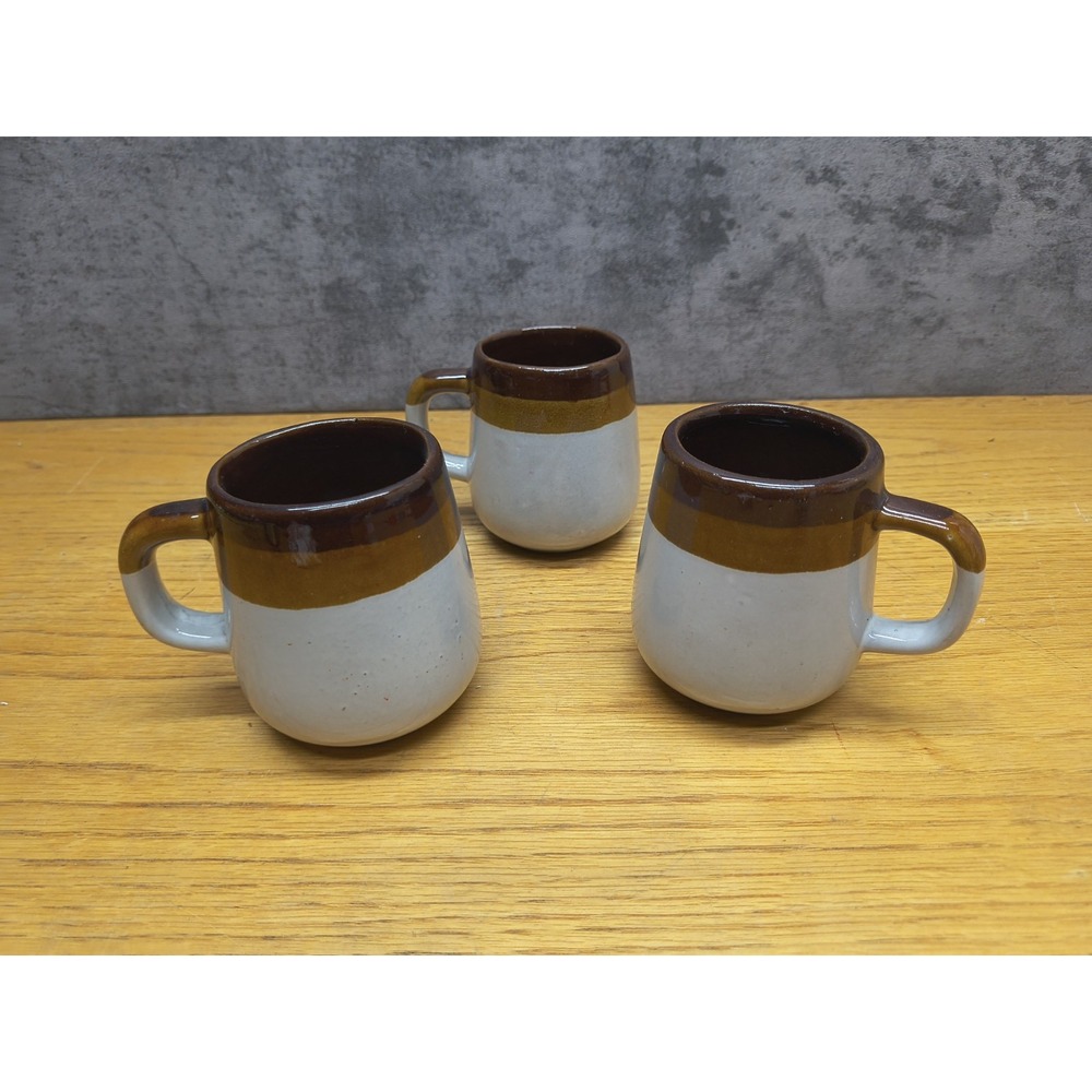 Set 3 Vintage Tri-color Brown Striped Stoneware Mugs-glazed pottery 70s